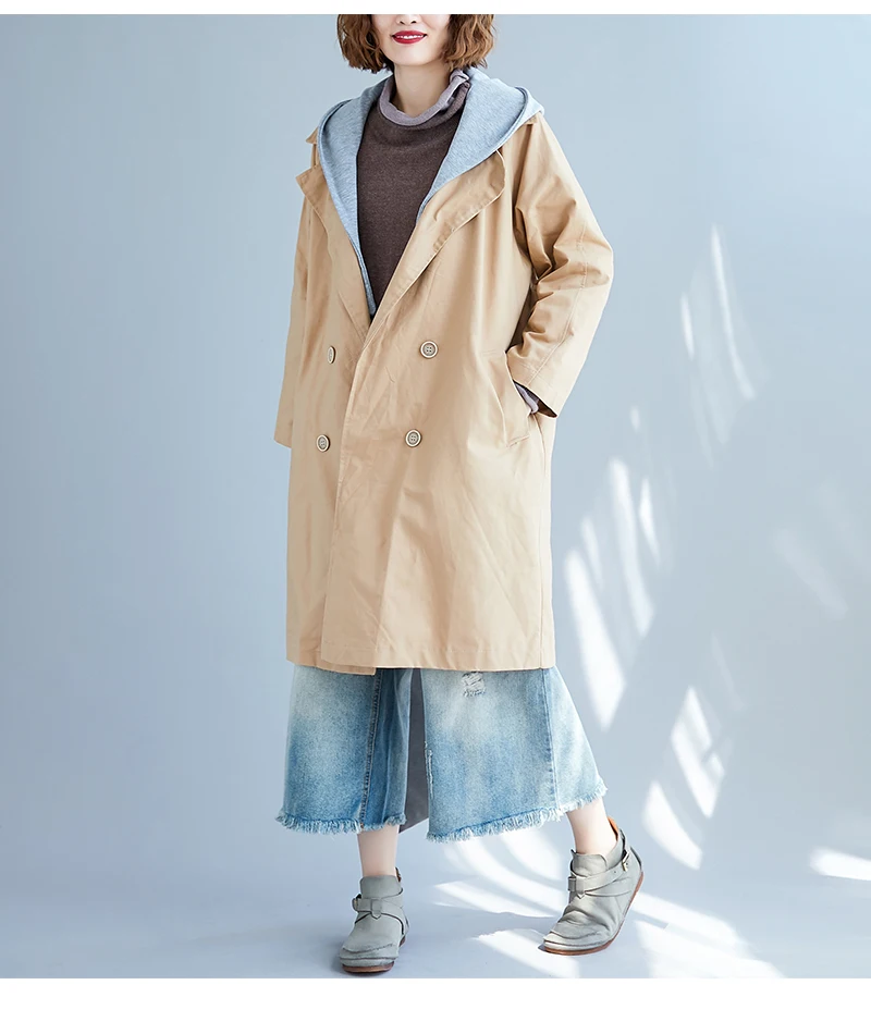 Винтажная длинная двубортная куртка с капюшоном, пальто для женщин, большие размеры, свободная Корейская ветровка, Кардиган большого размера, Осень-зима