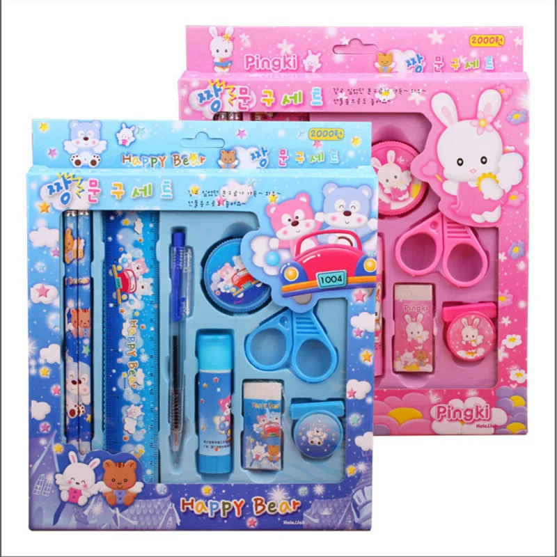 

1set Cartoon Kawaii Pencil Ruler Earser Sharpener 9 In 1 Stationery Set For Boy Girls Kids Gift School Children Student
