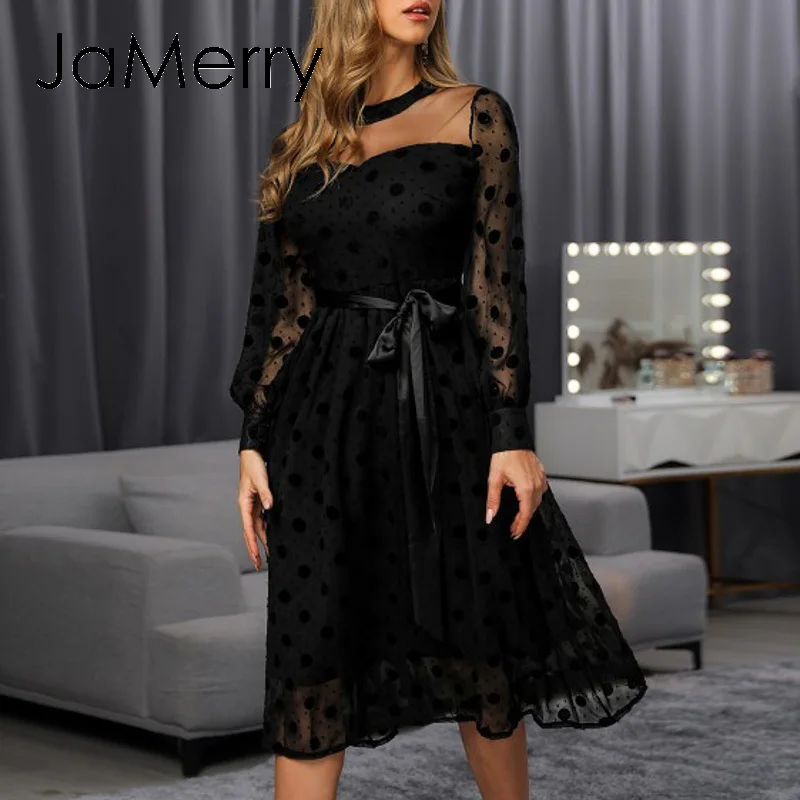 JaMerry Hollow out polka dot lace dress women Mesh Through party dress Ladies elegant sash summer spring black dress Vestidos
