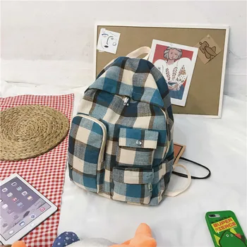 

Fashion Schoolgirl Cotton Linen 2019 School Bag Plaid Sports Backpack Travel Backpack Computer Bag Mochila Shoulder Bag