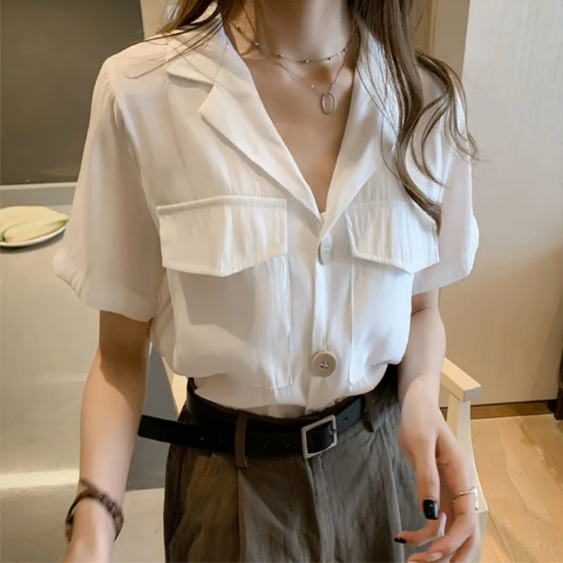 Casual Simple Wild Lady Suit Collar Short-sleeved Shirt Material Polyester Size M L XL 2XL 3XL 4XL Color Green Yellow White |