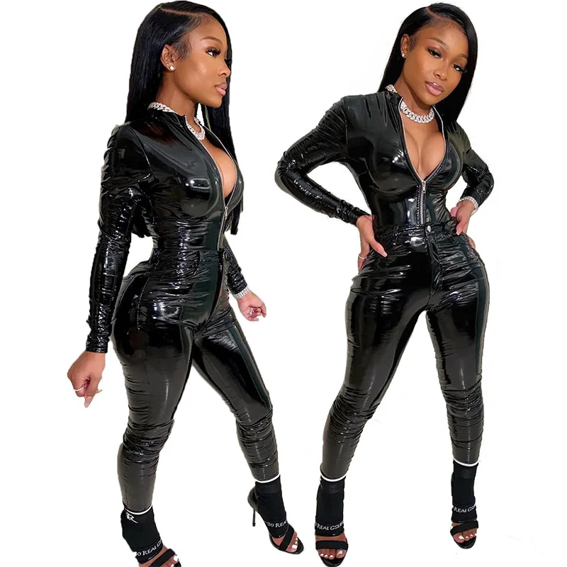 

Women New Fashion Solid Cardigan Skinny Two Piece Sets Leather Outfits Long Sleeve Zipper Tops High Elastic Waist Fitting Pants