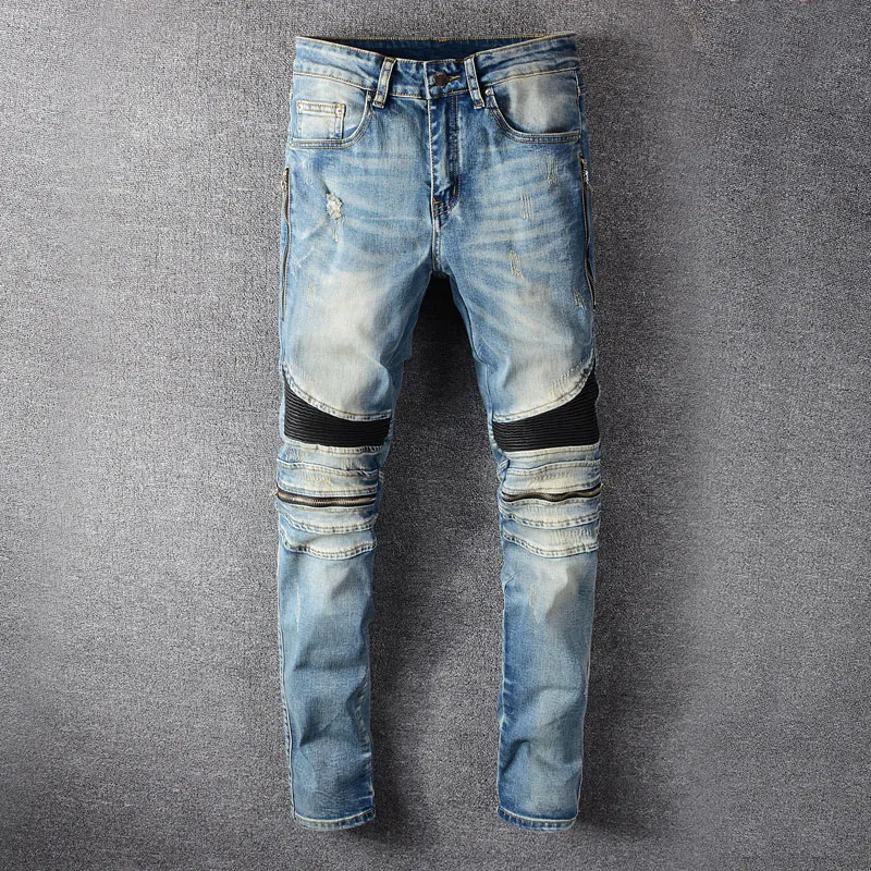

Fashion Streetwear Men Jeans Retro Blue Elastic Slim Fit Ripped Punk Trousers Patchwork Spliced Designer Hip Hop Biker Pants