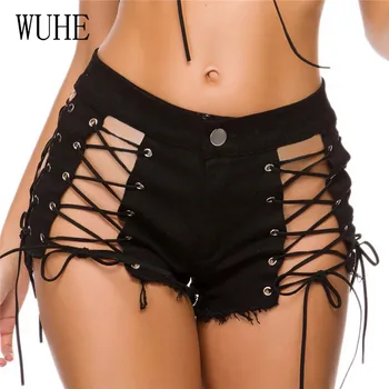 

WUHE Sylish Women Denim Shorts High Waist Ripped Short Jeans Femme Tassel Hollow Out Lace Up Bandage Hotpants Club Party Shorts