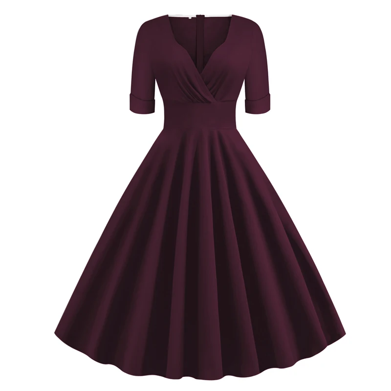 Dark Purple Red Tonval, зеленое однотонное рокабилли 1950 S, винтажное, с рюшами, v-образный вырез, элегантное, вечернее платье для женщин,, летнее, половина рукава, ТРАПЕЦИЕВИДНОЕ ПЛАТЬЕ - Цвет: Dark Purple Red