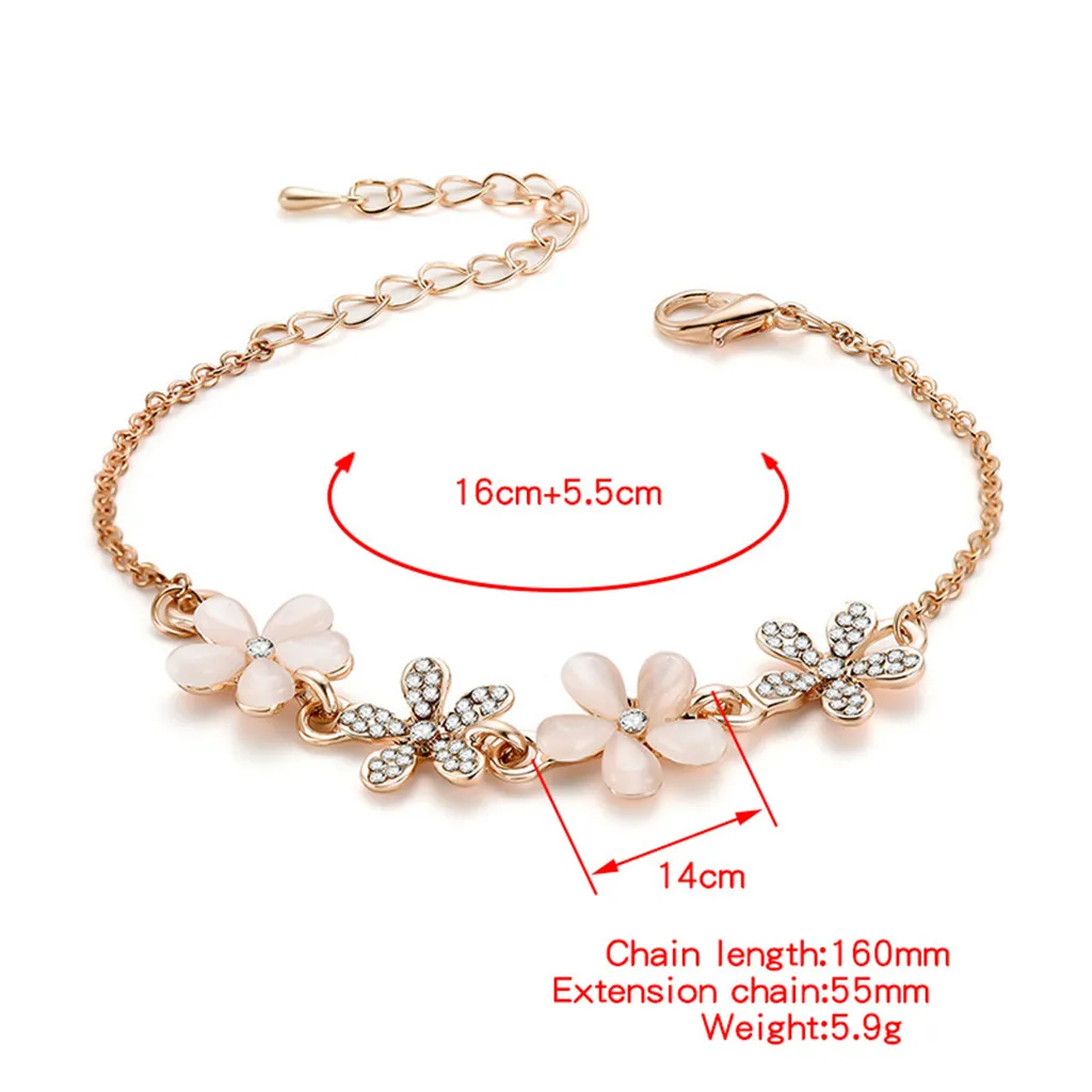 Elegant Flower Link Bracelet Cubic Zirconia Chain Bangle Anklet Wristband Adjustable with pink opal and bling rhinestone