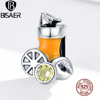 

BISAER Orange Juice Beads 925 Sterling Silver Lemon Soft Drink Charm Zircon Pendant Fit Bracelet Necklace Summer Jewelry ECC1527