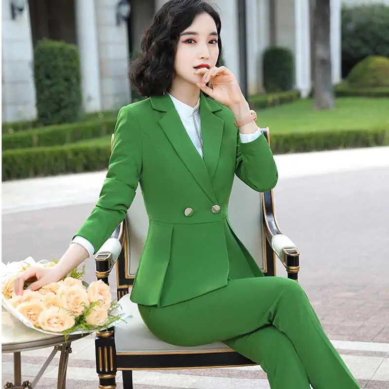 green coat and pant IZICFLY стиль зеленый формальный брючный и блейзер набор Униформа дизайн для женщин костюмы с брюками Офис Элегантный Бизнес Рабочая одежда - Цвет: green coat and pant