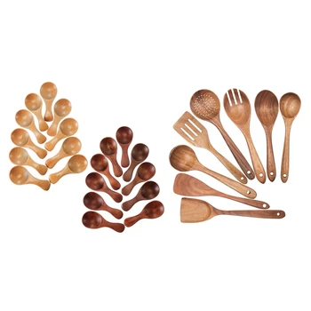 

20 Pieces Small Wooden Spoons Honey Teaspoon & 1 Set Nonstick Kitchen Utensil Set,Wooden Spoons Cooking Utensil Set