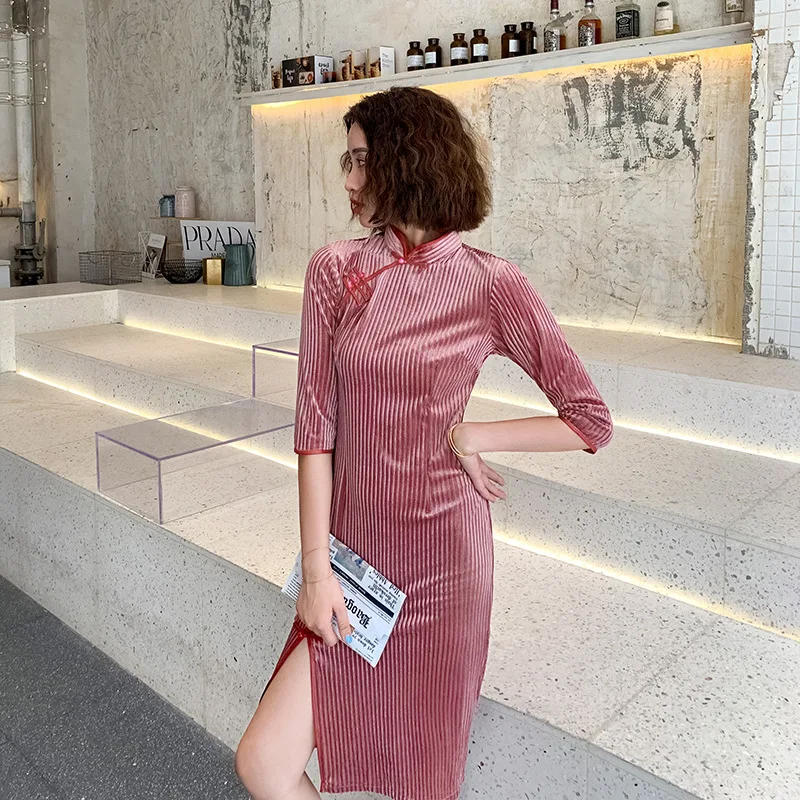 Элегантный Улучшенный Ципао длиной до колена Cheongsam Vestidos Размер S-2XL винтажное бархатное женское вечернее платье