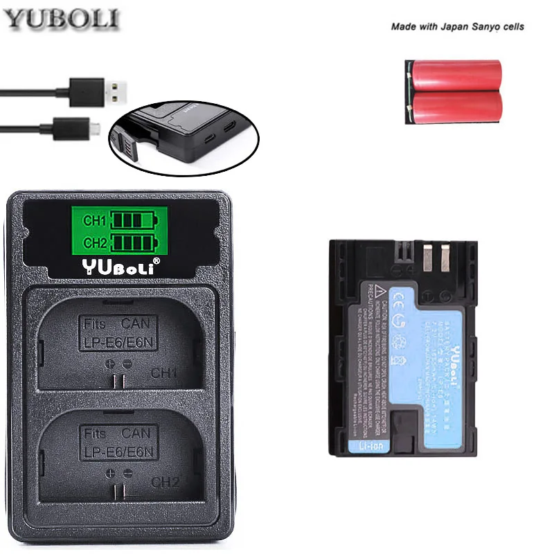 Комплект из 2 предметов LP-E6 LP E6 LP-E6N Батарея Японии Sanyo ячейки+ светодиодный Dual USB Зарядное устройство для цифровой однообъективной зеркальной камеры Canon EOS 6D 7D 5DS 5DSR 5D Mark II 5D 60D 60Da 70D 80D - Цвет: charger and 1battery