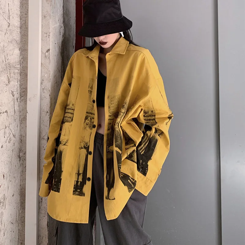 Осенняя Harajuku ретрорубашка полосатый каждодневный свободный длинный рукав женская куртка унисекс уличная однобортная Женская куртка - Цвет: Цвет: желтый