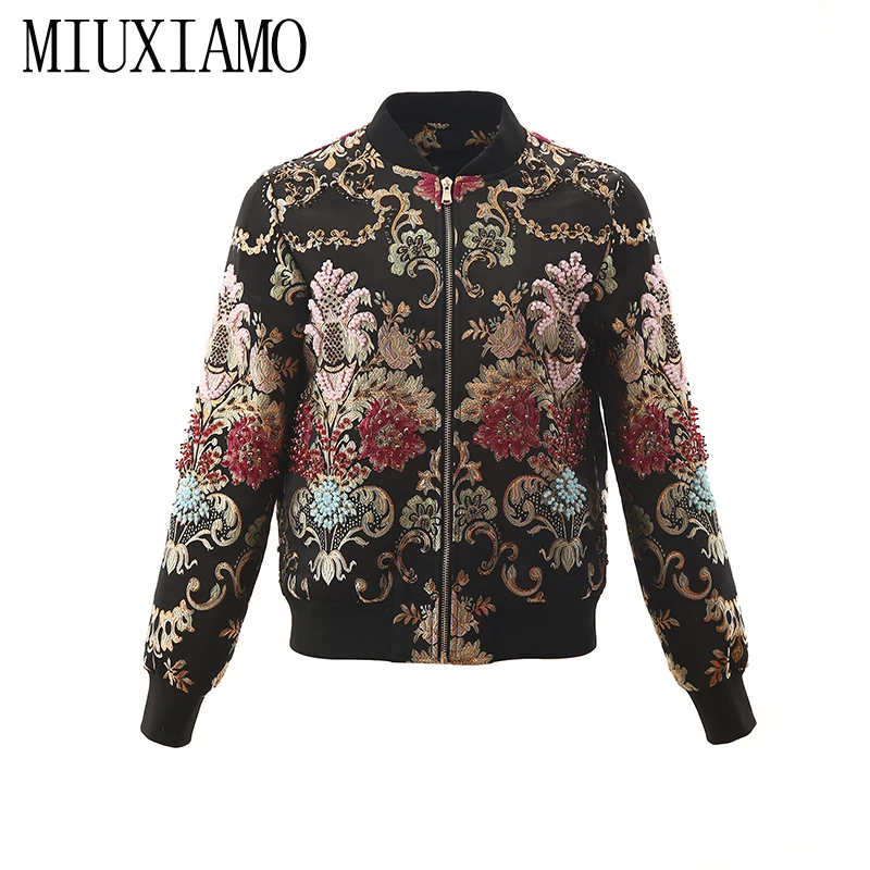 MIUXIMAO, высокое качество,, офисное женское осеннее пальто, новейшее, повседневное, круглый вырез, длинный рукав, бисер, цветок, черная куртка для женщин, vestidos