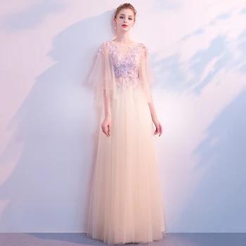 

Champagne Women Evening Party Gown Lady Mesh Dress Exquisite Cheongsam Applique Hollow Out Elegant Full Length Qipao