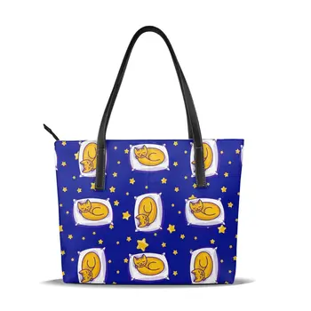 

Ladies Hand Tote Bag Cute Sleeping Ginger Cat And Stars Fashion Women Shoulder Bags Messenger Bags Female HandBag OLN