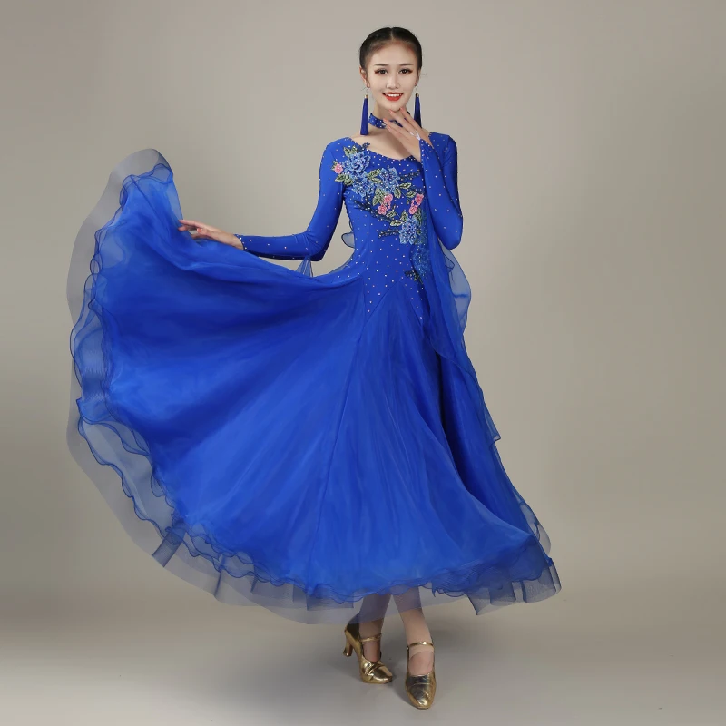 Платья для конкурса бальных танцев, стандартное танцевальное платье, вальс, платье для бальных танцев, свободное платье, длинное бальное платье с бахромой - Цвет: Blue
