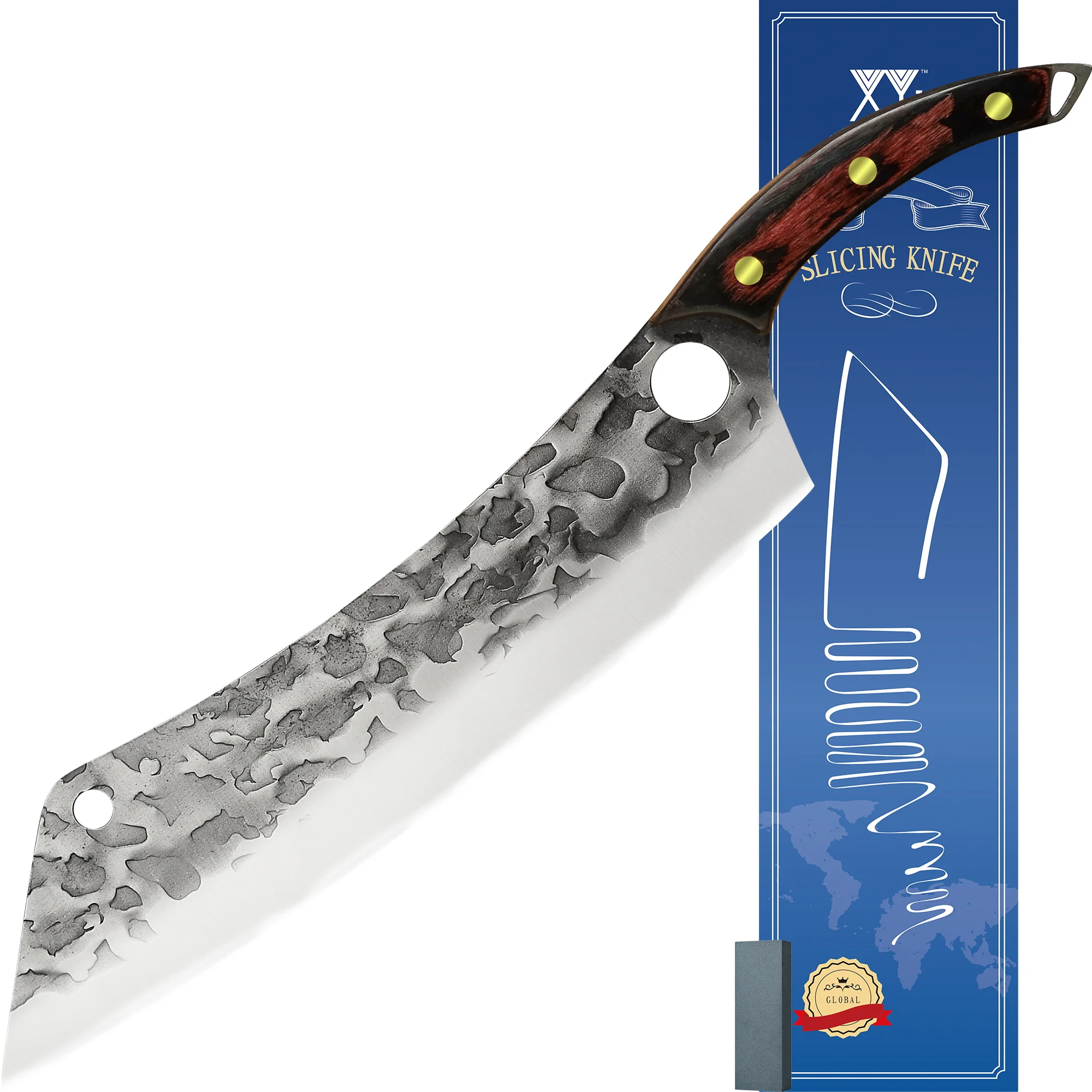 XYJ Full Tang Salmon Knife 12.5 Inch Extra Long Slaughter Meat Cutting Hammered Blade Slicer with Pakka Wood Handle | Дом и сад