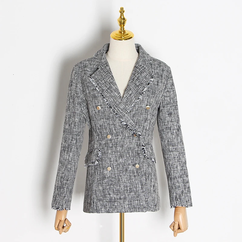 gray TWOTWINSTYLE полосатые Лоскутные цветные блейзеры с кисточками для женщин с зубчатым воротником и длинным рукавом осенний костюм Женская мода Новинка - Цвет: gray