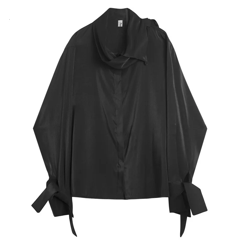 [EAM] Женская черная блузка с манжетами и разрезом большого размера, новая свободная рубашка с длинным рукавом, модная весенняя Осенняя 19A-a607 - Цвет: black