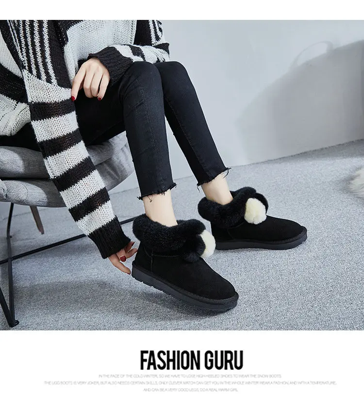 Новейшая модель; Милые ботильоны; зимние ботинки из натуральной кожи; ботинки с помпонами из лисьего меха; женская обувь; теплая хлопковая обувь на плоской подошве