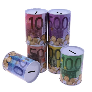 

1PCs Creative Tinplate Cylinder Piggy Bank Euro Dollar Picture Box Household Saving Money Box Home Decoration Money Boxes