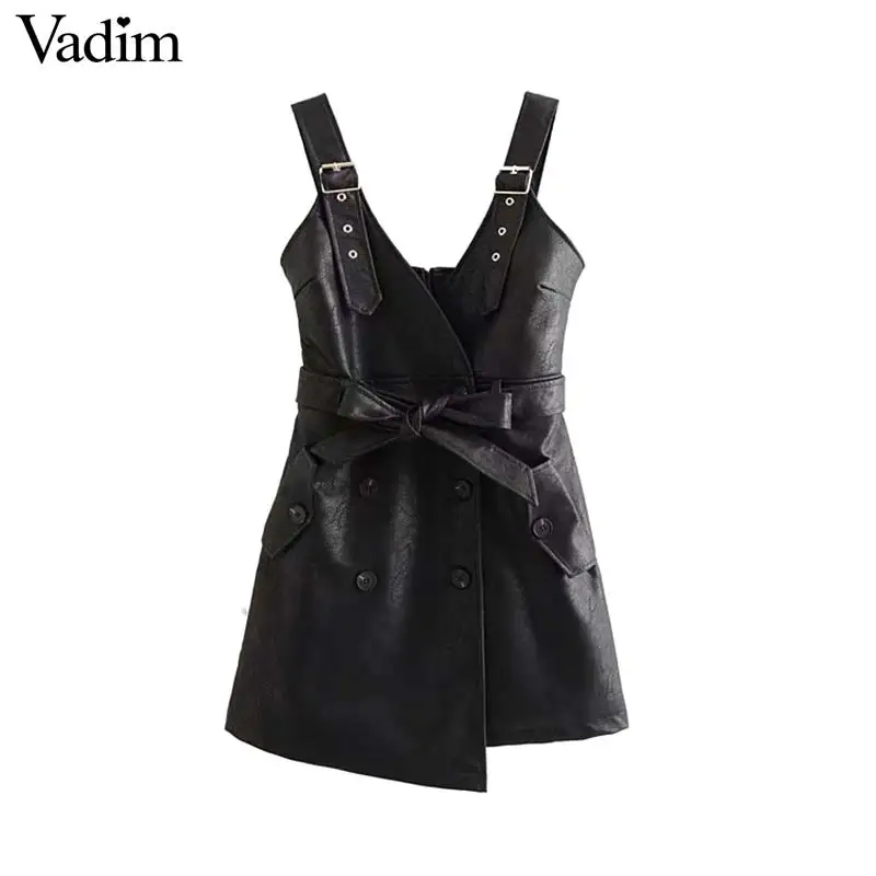 

Vadim women retro PU leather black mini dress V neck adjustable straps sexy backless pocket female casual dresses vestidos QD057