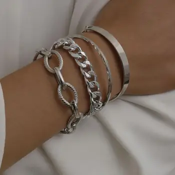 

KMVEXO 4PCS/Set Punk Twist Metal Bracelets Set for Women 2020 Gothic Curb Cuban Chain Bracelet Bangles Men Hiphop Punk Jewelry