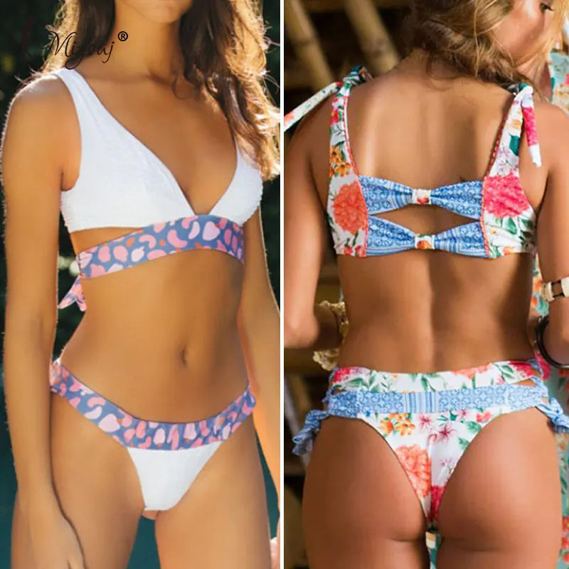 Miyouj-Bikini con cuello de pico profundo para mujer, traje de baño con estampado Floral, bañador con lazo, conjunto de Bikini con cordones
