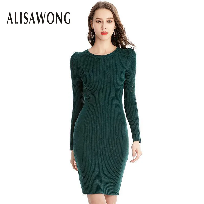 2019 Осень Новая Мода Женские Средние Длинные Вязание Платье Женщины Чистый Цвет