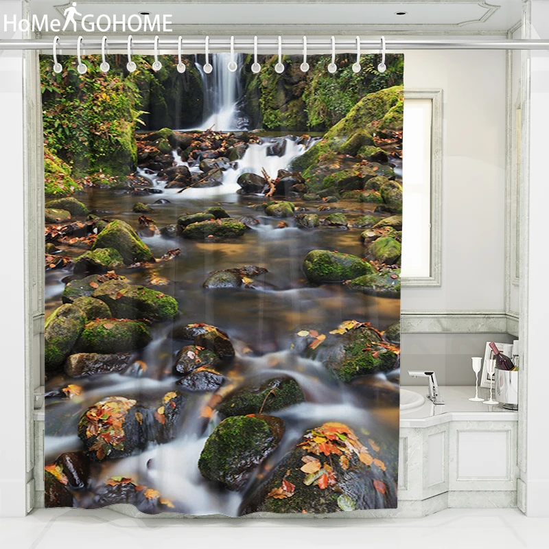 

3D Psychedelic Shower Curtain Moss Stone Waterfall Decorative Polyester Fabric Bathroom Curtain Waterproof Bath Curtain 180*200