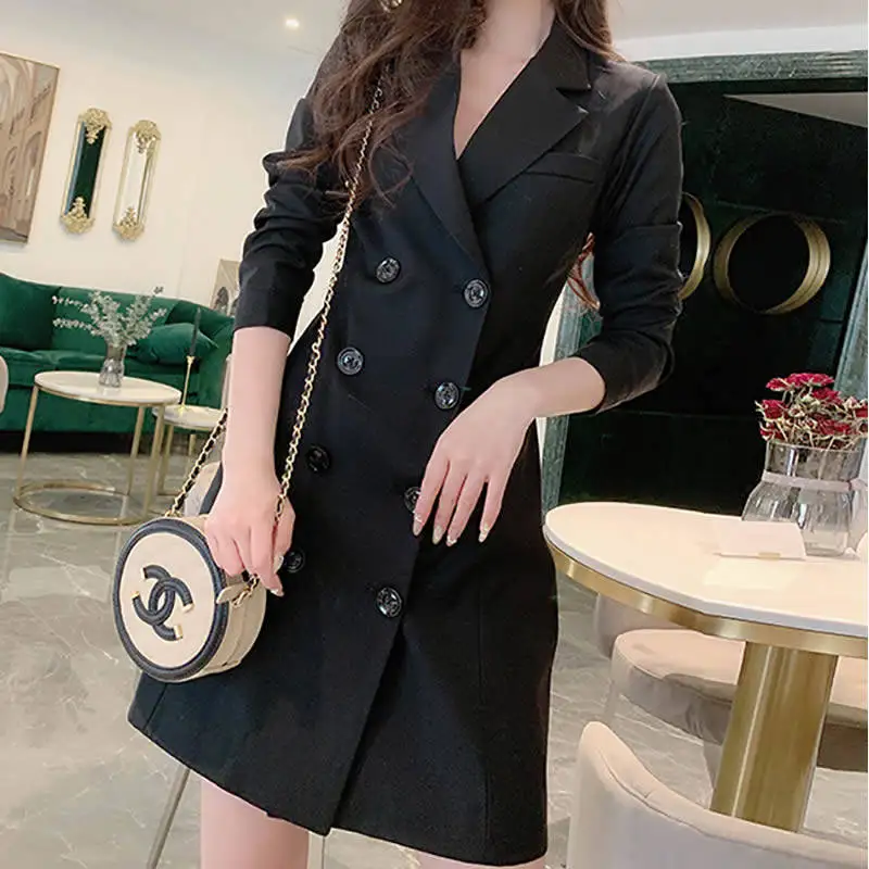 Heydress осенние женские сплошные блейзеры офисная Дамская мода с зазубренным воротником верхняя одежда женский двубортный Блейзер платье - Цвет: Black