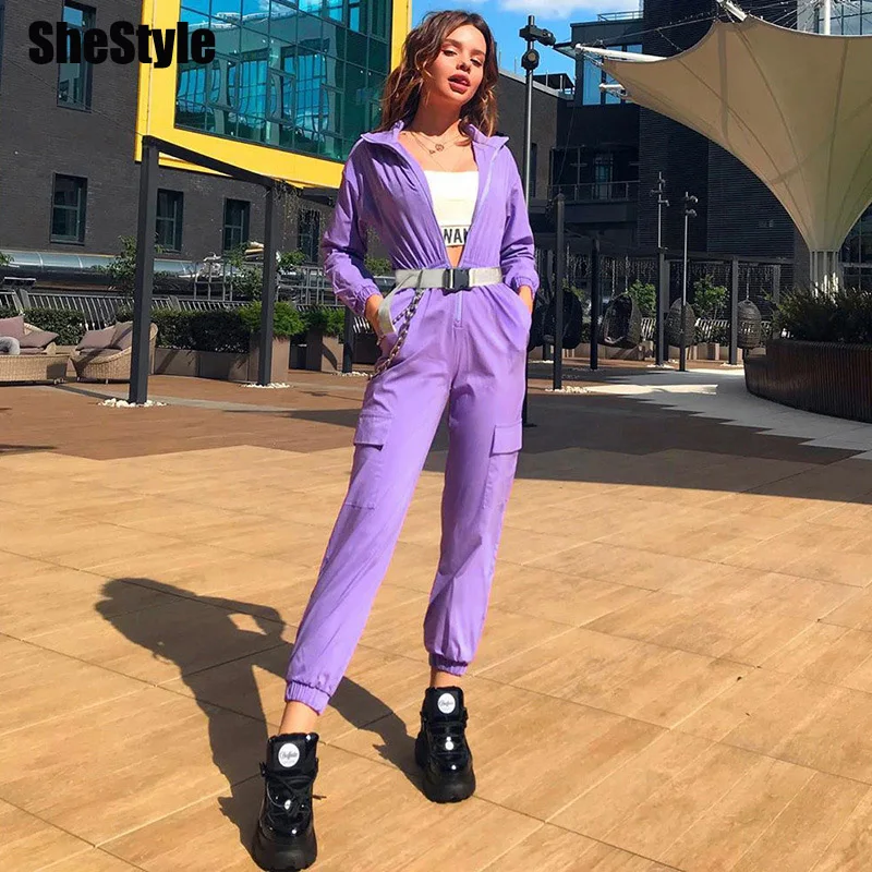 Shstyle ремень для верхней одежды карго Комбинезоны женские на молнии с высоким воротом повседневные крутые фиолетовые Осенние карманы Jogger комбинезон брюки
