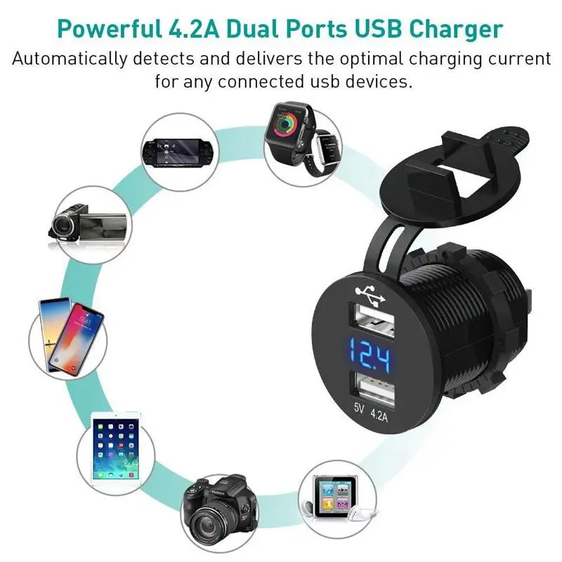 USB Автомобильное зарядное устройство 12 В, автомобильное зарядное устройство 5 В, а, двойное USB Автомобильное зарядное устройство, водонепроницаемый автомобильный адаптер для сигарет, светодиодный цифровой вольтметр