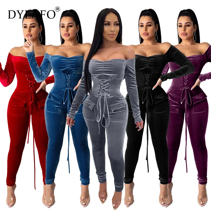 

Sexy Lace Up Bandage Velvet Skinny Women Jumpsuit Off Shoulder Backless Night Club Party Slim Bodycon Rompers Outfits Overalls