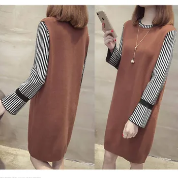 

Plus Size Dress Women Autumn Long-Sleeve Fake Two-piece Dress Solid Patchwork Straight Female Vestidos Loose Knee-Length Dresses