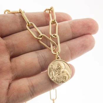 

100% Stainless Steel St Benedict Medal Pendant Necklace For Women Medalla San Benito Metal Lock Chain Necklace Religiosas