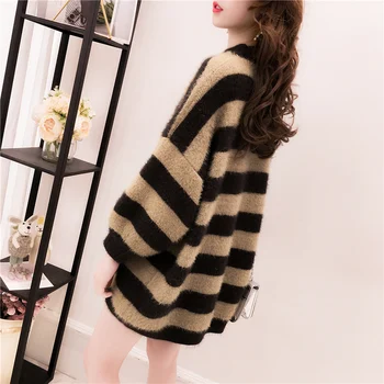 

fleece knitted women and pullovers o-neck striped loose thicken warm lady elegant pullovers outwear coat tops