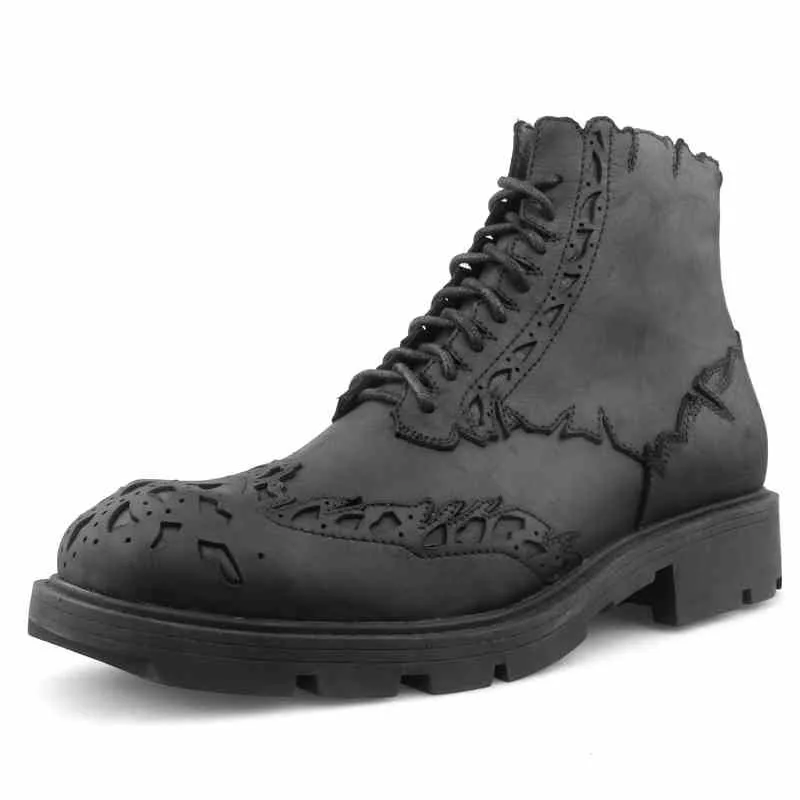 Мужские ботинки в британском стиле; Роскошные ботильоны из бычьей кожи на шнуровке; модные зимние мотоциклетные ботинки черного цвета на платформе в стиле панк; коллекция года