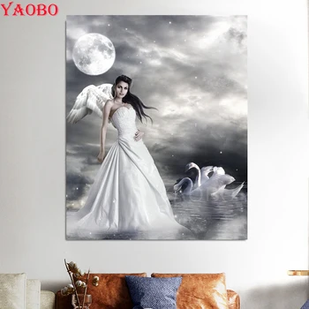

5d DIY diamond painting Cross stitch,black white fairy moon swan,Full Square round Diamond embroidery sale diamond mosaic girl