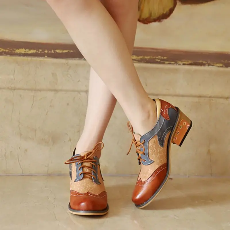 Tuyoki British Style Genuine Leather Pumps Women Lace Up Thick Heels Brogue Shoes Leisure Dress Women Footwear Size 36-42