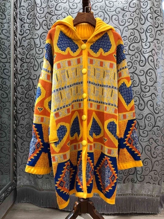 Early autumn new women's color matching pattern weaving decorative long-sleeved loose medium-long knitted sweater 918