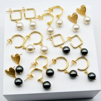 

Women's earrings, gold pendant earrings, 10mm round pearls, pearl earrings, ladies jewelry