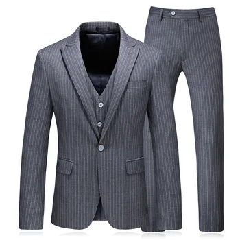 

2021 Men's Casual Business Suit Youth Vertical Stripes Slim Autumn Suit Three-Piece Set