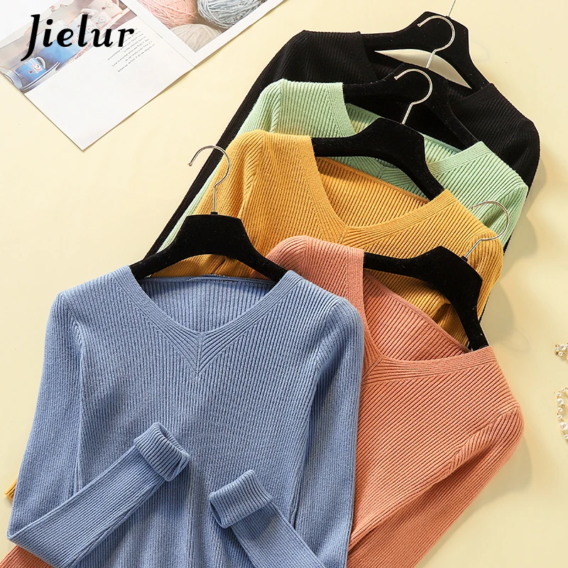 

Jielur Chic Pullovers Women Knitting Sweaters 2019 New Autumn Winter Solid Color V-neck Slim Long Sleeve Pullover Sweater