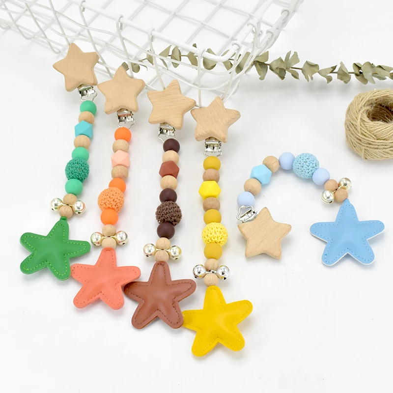 Wooden Teether Baby Play Gym Star Shape Chain Silicone Beads