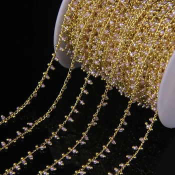 

New! 5Meter/lot,Beautiful Pink Glass Tiny Cube Beads Rosary Chain,Plated Gold Brass Wire Wrapped Rondelle Women chains Jewelry