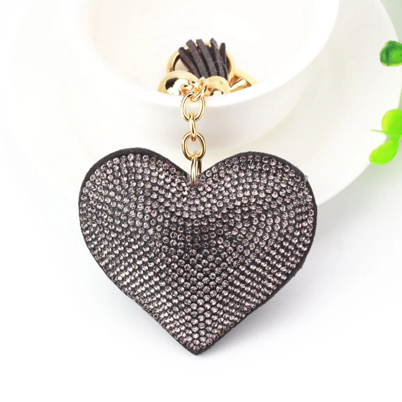 Fashion Keychain Heart Shape Female Full Glass Beads Key Covers Mosaic Leather Fringed Key Chain Car Ring Cap Gift - Color: 19