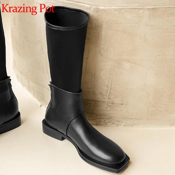 

Krazing pot cow leather square toe high fashion equestrian boots two wears low heels vacation back zipper thigh-high boots L96