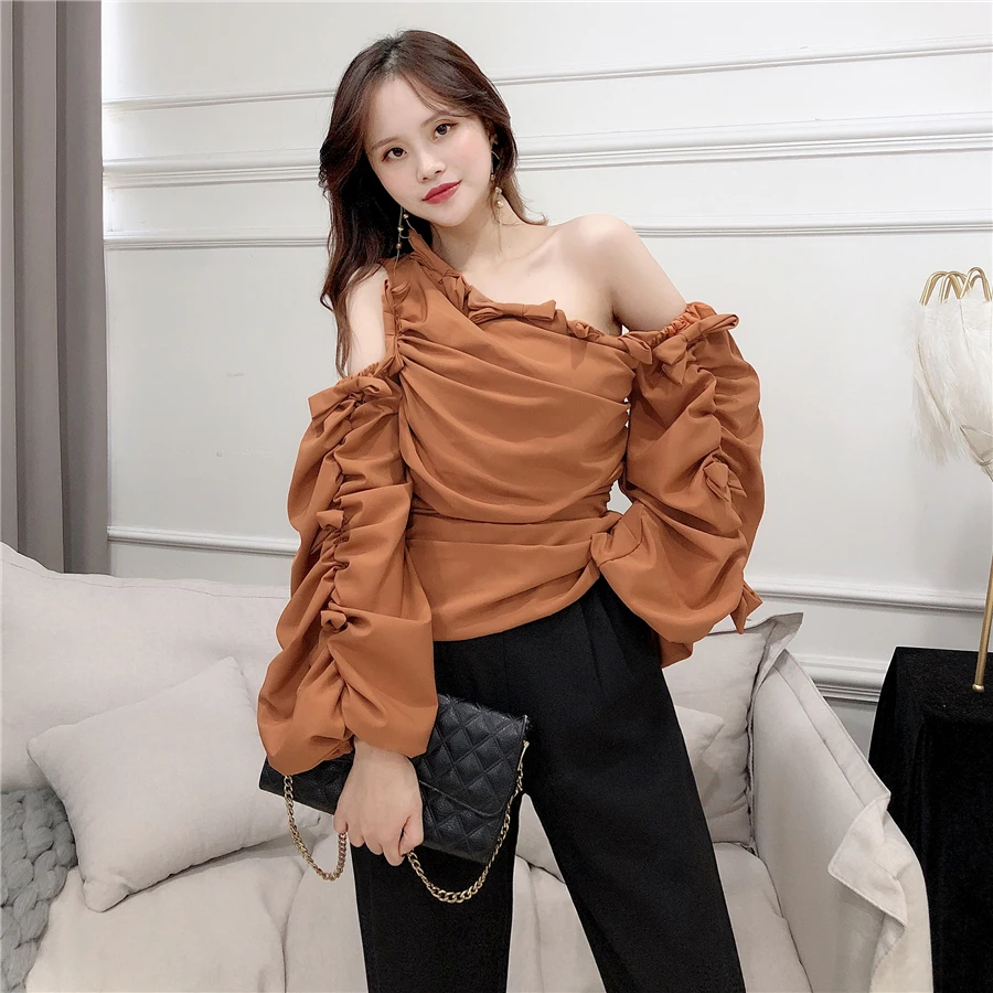 Neploe, асимметричный воротник без бретелек, Blusas, топ, Осень-зима, Корейская нижняя рубашка, фонарь, длинный рукав, одноцветные, тонкие блузки 55958