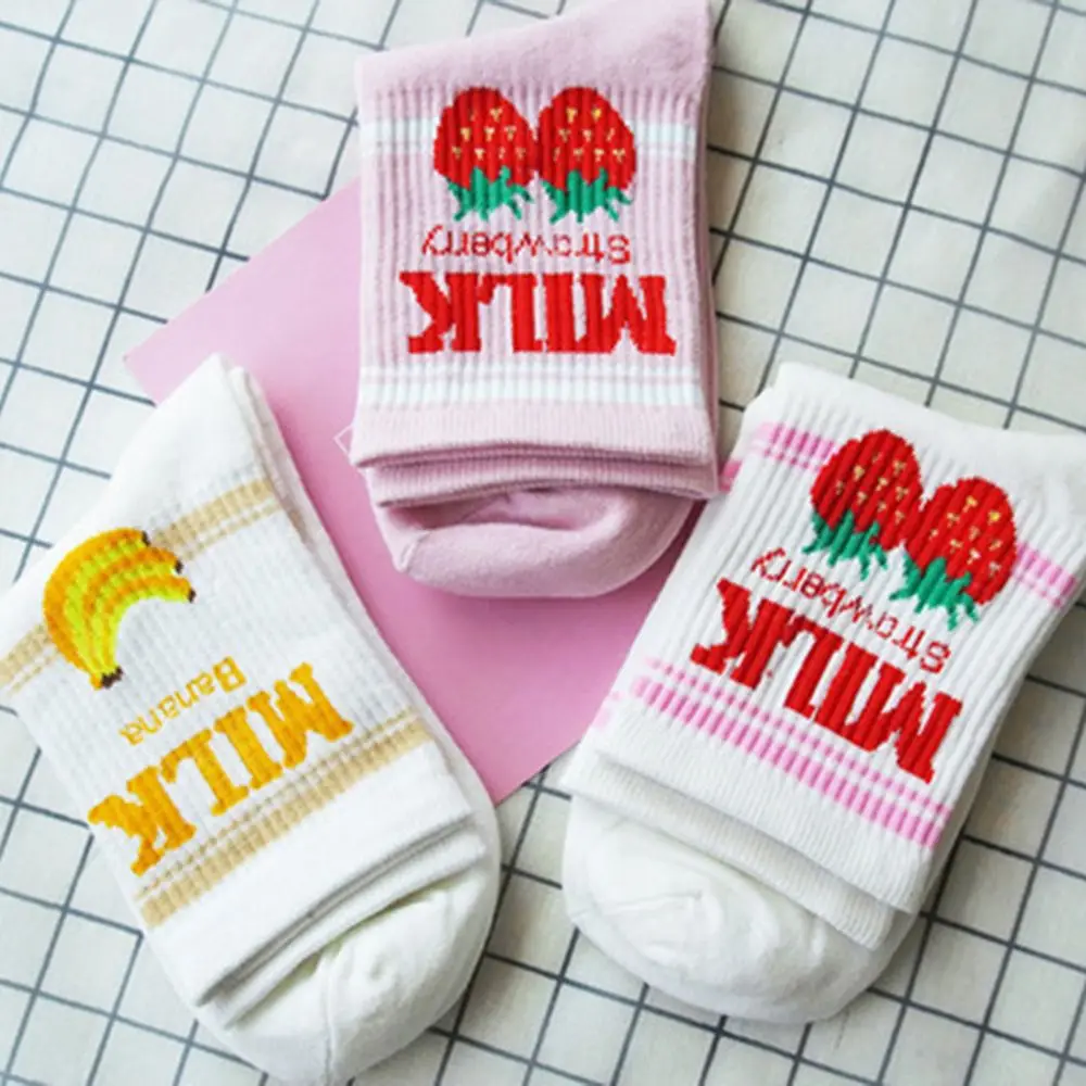 

1Pair Japanese Kawaii Strawberry Banana Milk Cow Ankle Sock Cute Lovely Girls Lolita Sweet Fruit Milk Juice Patterned Short Sock